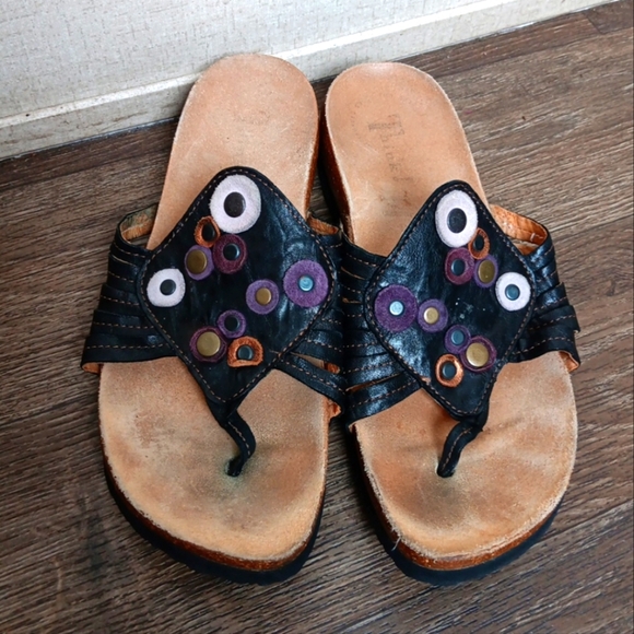 Think! Black and Tan Sandals with Decorative Elements Size 38 Usa 7 - Picture 1 of 6